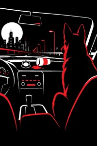 A German shepherd sitting in the passenger seat of an unmarked police car at night, a police badge on the dashboard beside a toppled coffee cup.