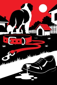 A huge St. Bernard's leash and collar lying on a suburban lawn next to a doghouse far too small for it, a puddle of drool on a polished shoe.