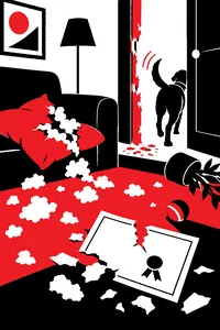 A shredded sofa cushion, a chewed door frame and a torn obedience school certificate scattered across a living room floor, a yellow Labrador's tail wagging in the doorway.