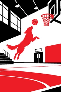 A golden retriever mid-leap toward a basketball hoop in an empty school gym, a basketball hanging in the air above its nose.