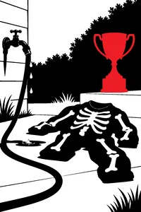 A garden hose dripping beside a skeleton-print costume crumpled on a tile floor, a gold karate trophy glinting in the background.