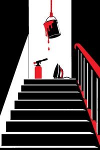 A paint can swinging on a rope at the top of a dark staircase, a blowtorch and an iron lined up on the landing below.