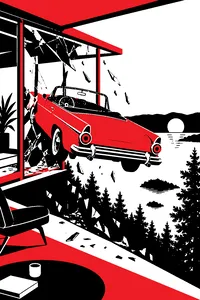 A red vintage convertible crashed backward through a glass garage wall into the trees below, an odometer glowing on the dash.