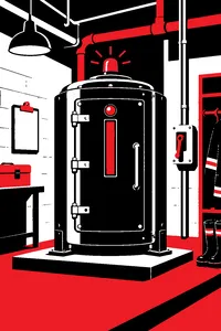 A blinking metal containment unit in a firehouse basement with an official clipboard and a cut power switch beside it.