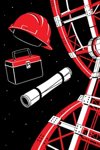 A hard hat, a lunch pail and a roll of blueprints floating in empty space beside half-built gray station scaffolding.
