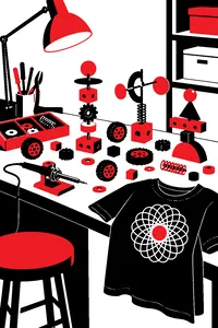 A workbench covered in toy parts reassembled into odd new shapes, a soldering iron cooling next to a skull-print T-shirt.