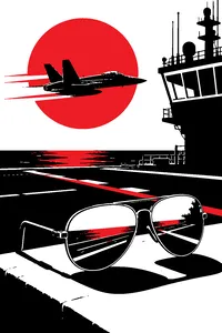 A pair of aviator sunglasses on the edge of a carrier deck, a fighter jet streaking low past a control tower window behind them.
