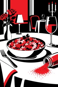 A bowl of jambalaya at a fancy restaurant table with a tipped-over jar of red cayenne pepper spilling beside it.