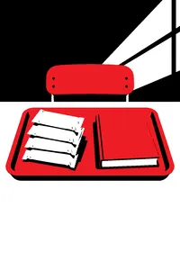 A pink lunch tray holding a stack of plain wrapped nutrition bars and a burn book with its cover closed.