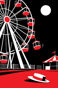 An empty carnival Ferris wheel at night, one gondola swinging slightly, a straw boater hat fallen on the ground below.