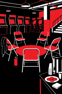 A circle of folding chairs in an arcade basement, a coffee urn and a plate of cookies on a side table, glowing cabinets behind.