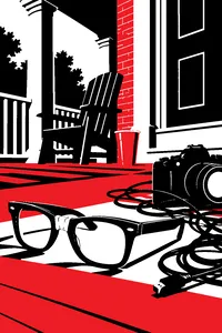 A pair of thick taped glasses lying beside a tangle of camera cables on a college fraternity porch.