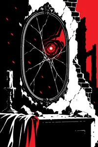 A cracked mirror on a ruined wall reflecting a glowing red mechanical eye where a person's reflection should be, embers floating.