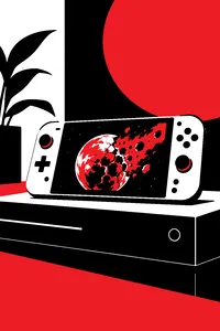 A small handheld game controller resting on a console, its tiny screen showing a planet breaking apart in fire.