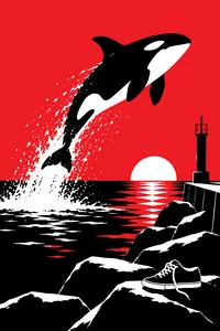 An orca mid-leap over a stone harbor jetty at golden hour, spray arcing, an empty sneaker on the rocks below.