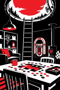 A cozy underground bunker room with a jigsaw puzzle on the table, a jukebox, and a huge glowing shape visible through a small hatch above.