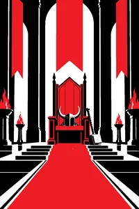 A golden throne in a vast hall with a horned helmet on its seat and a stone war hammer leaning against it.