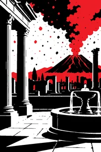 Ancient Roman columns and a stone fountain under a sky of falling ash, a volcano erupting in the distance.