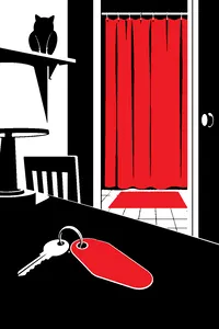 A motel room key on a wooden desk, a closed shower curtain behind it, and a stuffed owl on a shelf.