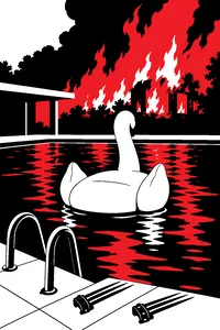 A swan-shaped pool float drifting in a swimming pool in front of a raging fire, a pair of metal claws resting on the pool edge.