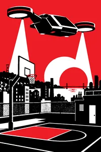 A basketball hoop on an Oakland apartment rooftop at dusk, a sleek futuristic aircraft hovering above it.