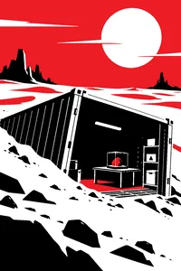 A sand-buried cargo container on a barren desert planet under a harsh sky, a small glass tank on a table inside.