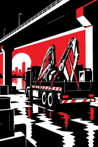 A salvage truck loaded with glowing alien wreckage parked under a bridge, a pair of mechanical wings folded in the back.