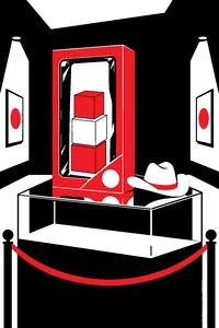 A mint-condition toy box on a glass museum pedestal, its plastic window still sealed, a cowboy hat beside it.