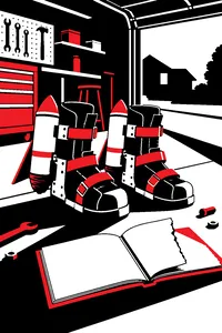 A pair of homemade rocket boots on a garage floor next to an autograph book with a torn page.