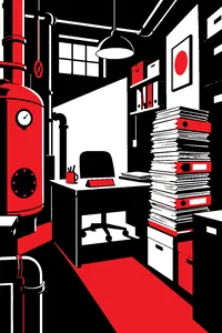 A tiny cluttered office in a converted boiler room, a tall stack of files and a small desk nameplate with no writing.