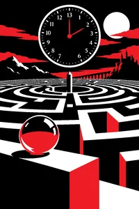 A thirteen-hour clock above a huge stone maze, a crystal ball resting on a wall.