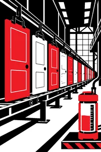 A factory floor of rows of bedroom doors on conveyor rails, a yellow energy canister half full.