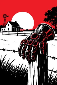 A huge golden gauntlet with six empty sockets resting on a fence post beside a quiet farmhouse.