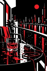 A glass of whiskey on a rain-soaked apartment balcony overlooking a neon city at night, an old microphone cord coiled beside it.