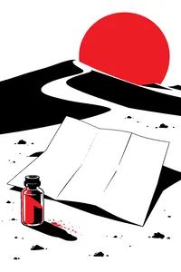 A folded paper glossary lying on a desert dune beside a small blue glass vial of spice.