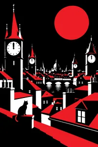 A grid of rooftops under a permanent night sky, every clock face on the towers stopped at midnight.