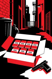 A blue-tinted city alley with a stack of exactly seventy thousand dollars in a cardboard box and a handgun.