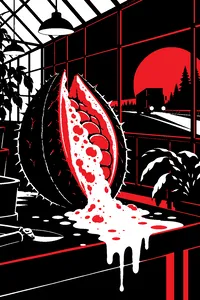 A large split seed pod oozing foam in a dim greenhouse, a truck's headlights approaching on a highway outside.
