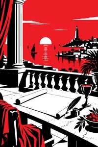 A marble balcony overlooking Alexandria at sunset, a scroll unrolled across a table with a quill and wine cup.