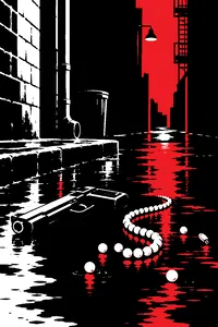 A broken string of pearls bouncing on wet alley pavement beside a dropped pistol at night.