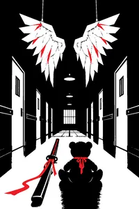 A pair of angel wings made of paper hanging above a samurai sword and a stuffed teddy bear in a dim asylum hallway.