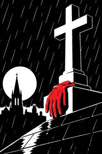 A red leather glove clutching the base of a church cross on a rooftop in the rain.