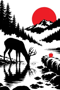 A deer drinking at a misty Pacific Northwest stream, a red apple balanced on a mossy log beside it.