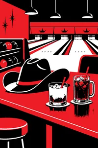 A cowboy hat resting on a bowling alley bar next to a white Russian and a sarsaparilla.