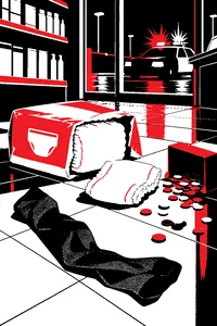 A pack of disposable diapers dropped on a convenience store floor beside a nylon stocking and a spilled box of coins, police lights flashing through the window.