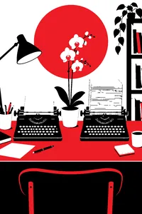 Two identical typewriters side by side on a cluttered desk, one with a blank page, one with a full stack, a potted orchid between them.