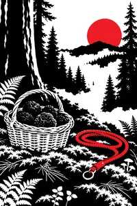 A small wicker basket of fresh truffles on a mossy forest floor beside an empty pig's rope lead, misty Oregon pines behind.