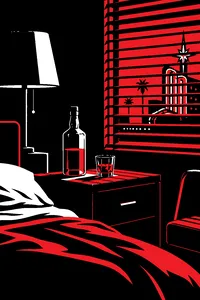 A half-empty bottle and a single glass on a motel nightstand, neon casino light bleeding through cheap blinds.