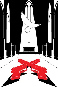 Two gold handguns crossed on a white chapel floor while a white dove takes off through a shaft of light.