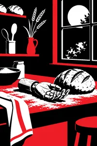 A carved wooden prosthetic hand resting on a floury bakery counter next to a loaf of bread, a full moon in the window.